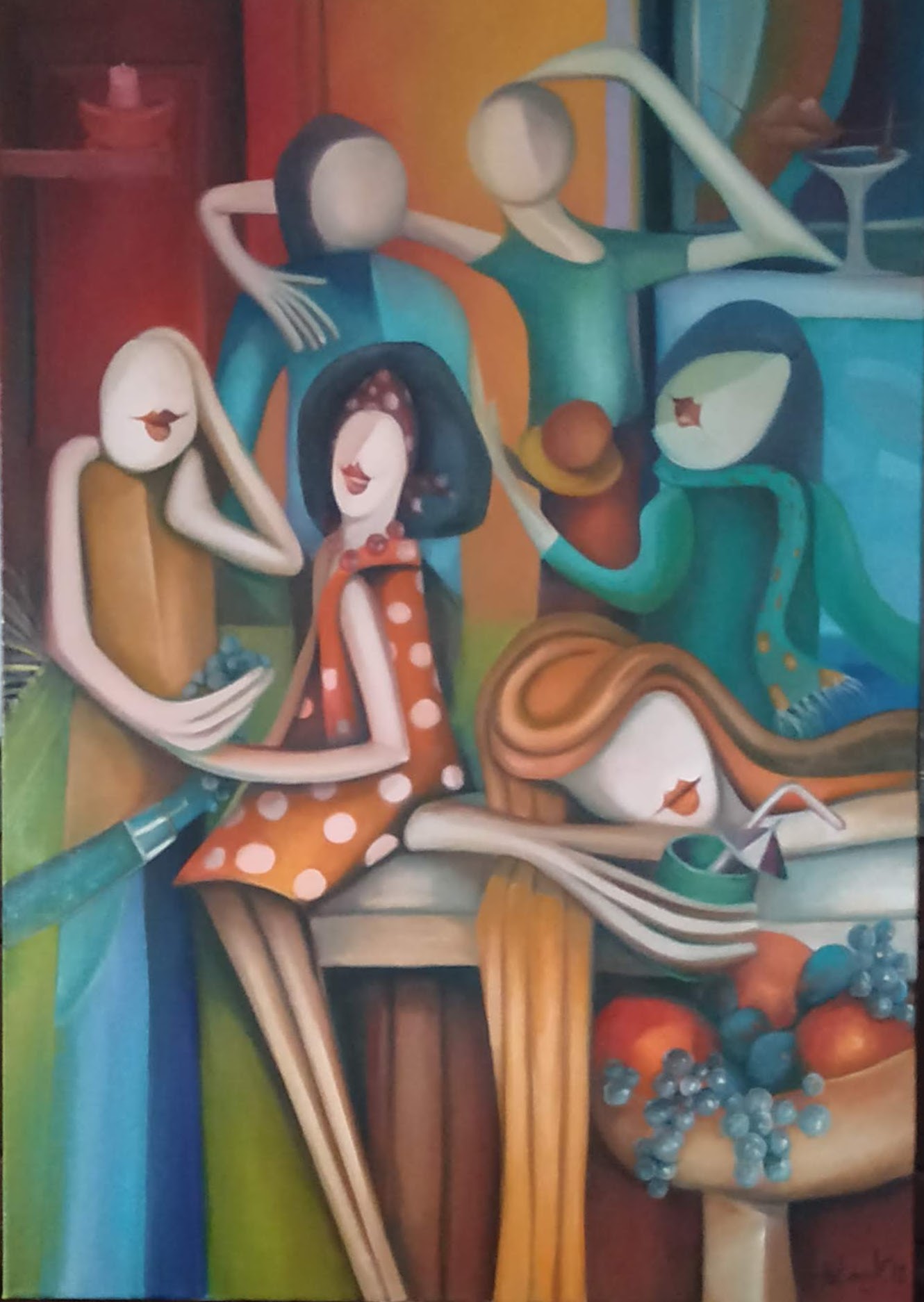 "Jóbarátok, avagy a szentendrei Zsibongó" 2019. 100 cm x 70 cm olaj, vászon.